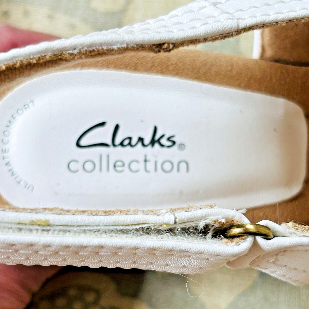 Clarks White Wedge Sandals Leather Kyarra Aster Size 11 Open Toe Comfort 3" Heel - Picture 4 of 8
